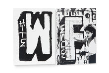 Load image into Gallery viewer, White Fence gang member in front of graffiti wall showing large WF among other tags. This is the book cover inside the slipcase.
