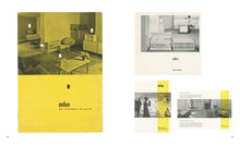Load image into Gallery viewer, Images from German Braun audio equipment brochure featuring mid-century modern interiors and many Braun audio products such as turntables, all-in-one stereo systems. Predominant colour is yellow with modern graphic design.