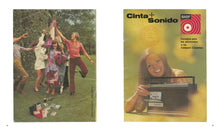 Load image into Gallery viewer, Front and back cover of a Spanish Cinta+Sonido brochure. Left side image is of a group of youth in the 1970s playfully fighting over some kind of recording, presumably the next one to be played on a portable music player in the foreground. On the right, the cover of the brochure shows a pretty young woman smiling as she inserts a cassette into a portable player.