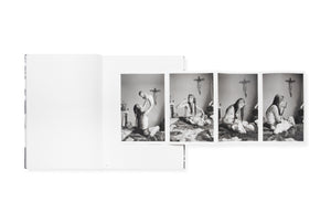 Gatefold showing a sequence of four photos of a young woman with her infant,  holding the child aloft on a bed with a crucifix on the wall behind them. 